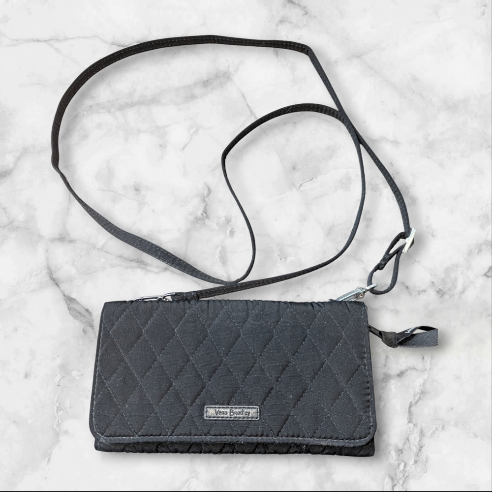 Vera Bradley Black Crossbody Bag with Quilted Design and Flap Closure